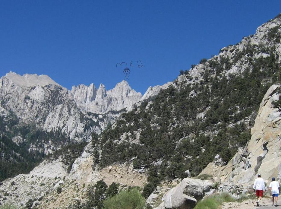 Mount Whitney,(that’s not really me on top, but an artist’s rendering, also not to scale)